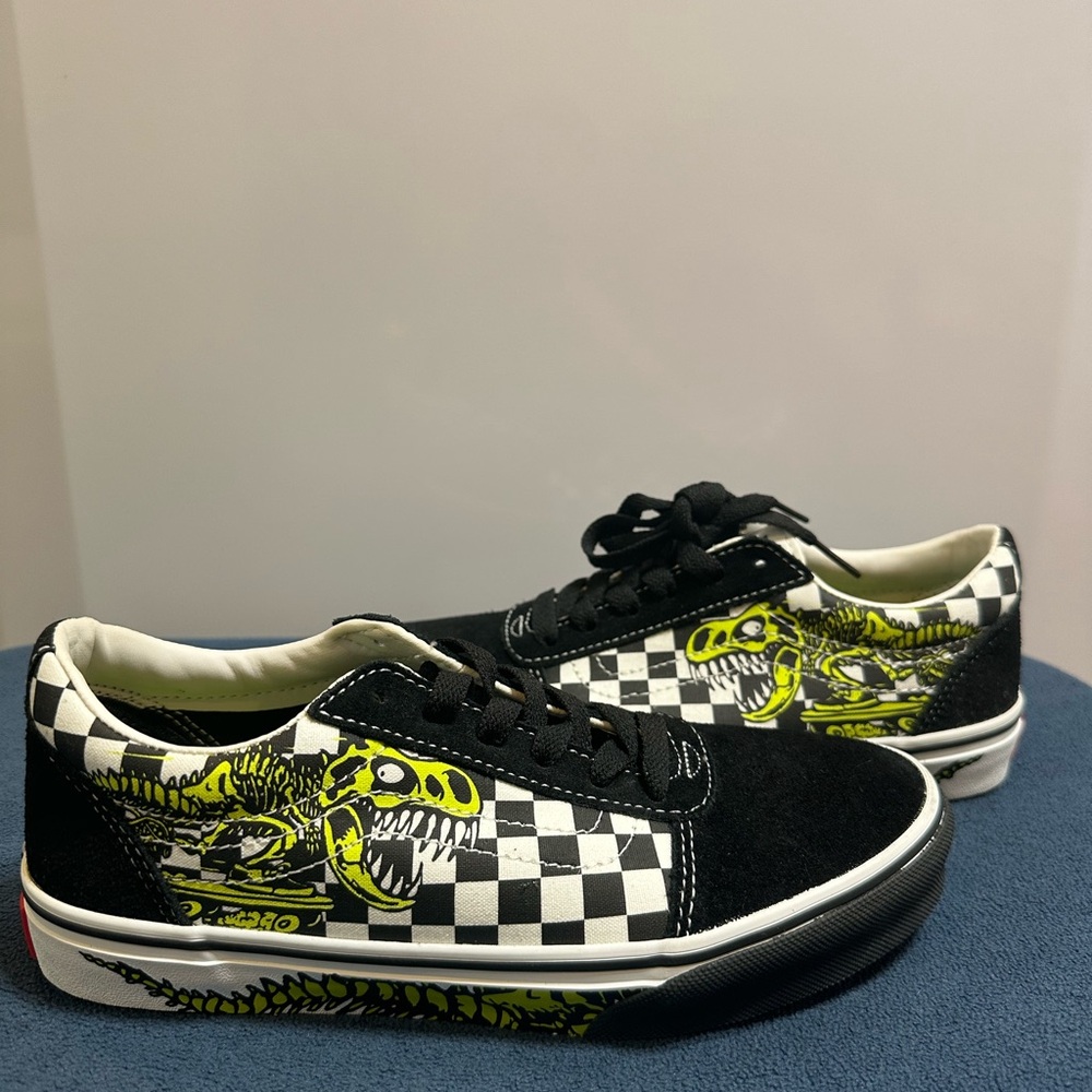 Vans Black and White Checkered with Lime Green Dino